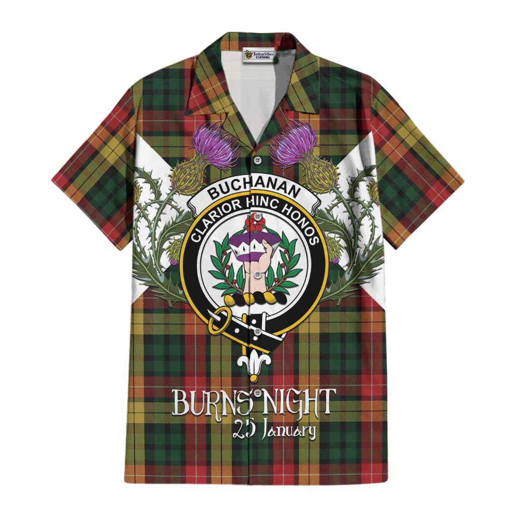 Buchanan Tartan Family Crest Cotton Hawaiian Shirt Scottish Burns Night Thistle Floral