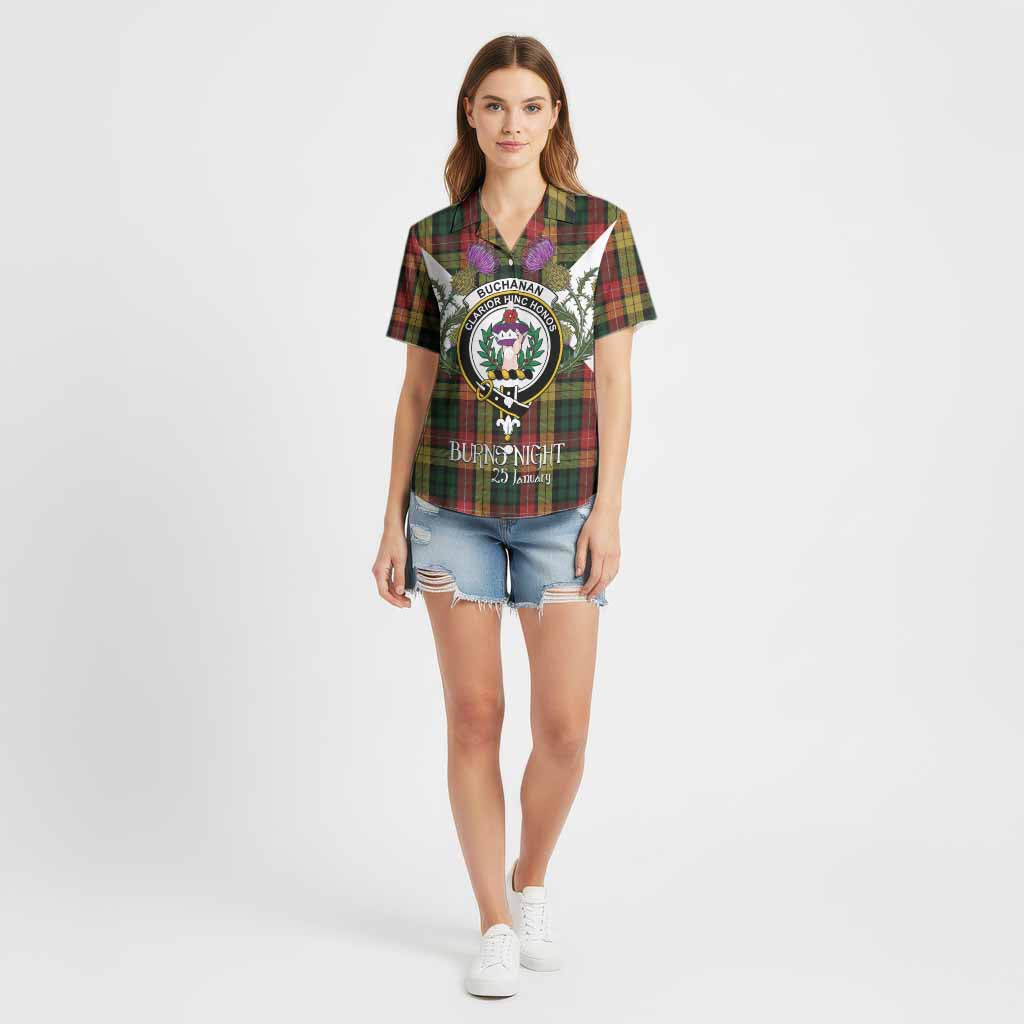 Buchanan Tartan Family Crest Cotton Hawaiian Shirt Scottish Burns Night Thistle Floral