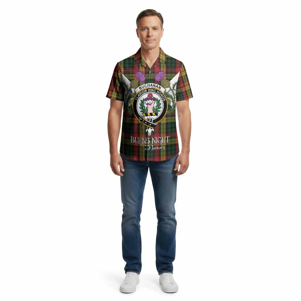 Buchanan Tartan Family Crest Cotton Hawaiian Shirt Scottish Burns Night Thistle Floral