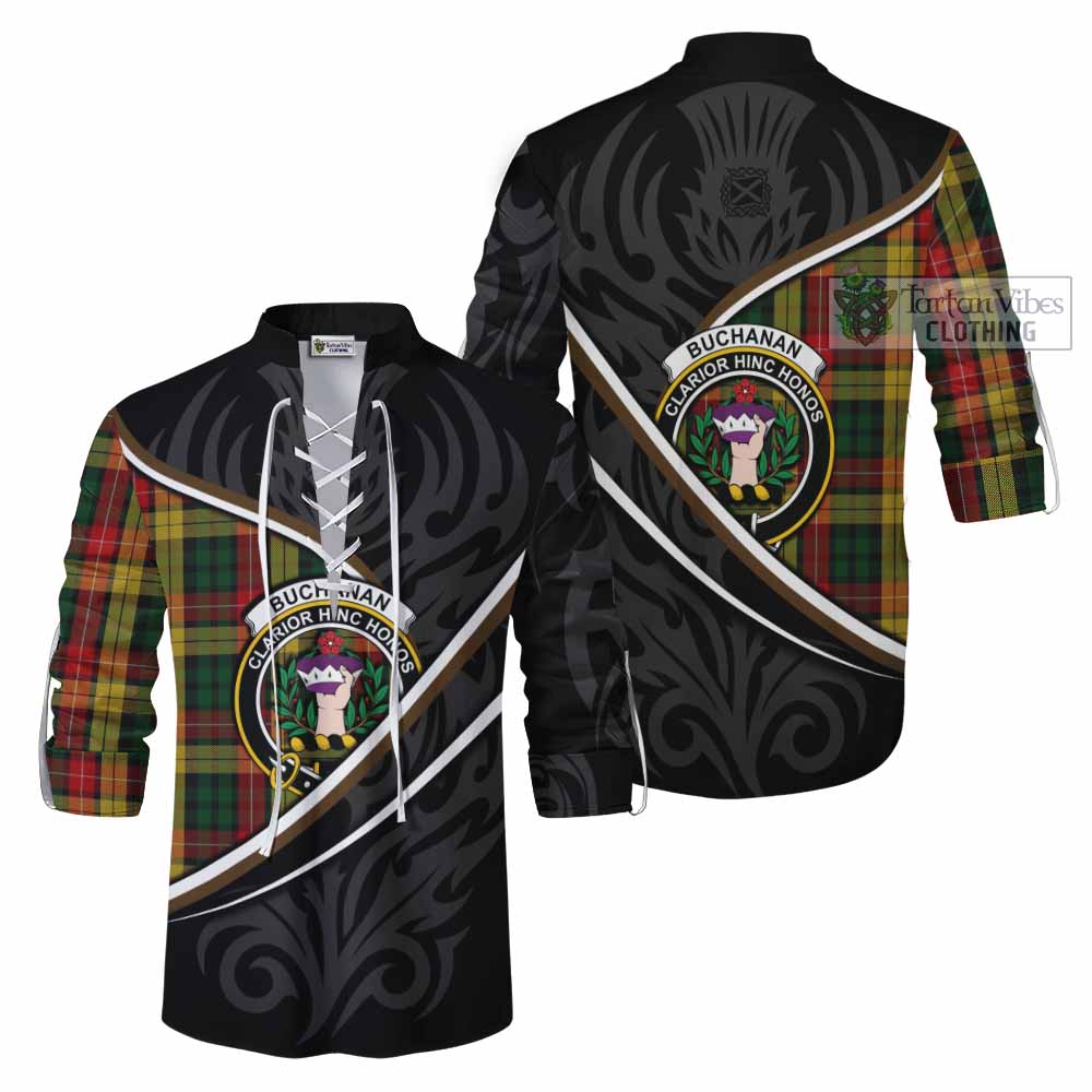 Buchanan Tartan Family Crest Ghillie Kilt Shirt Celtic Scottish Thistle Floral - Tartan Vibes Clothing