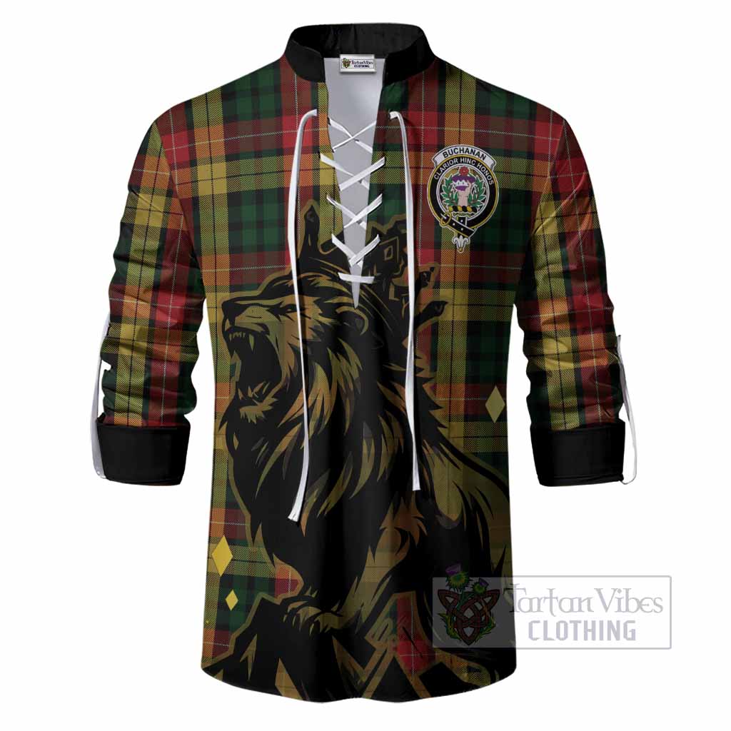 Buchanan Tartan Family Crest Ghillie Shirt Crowned Lion Roaring