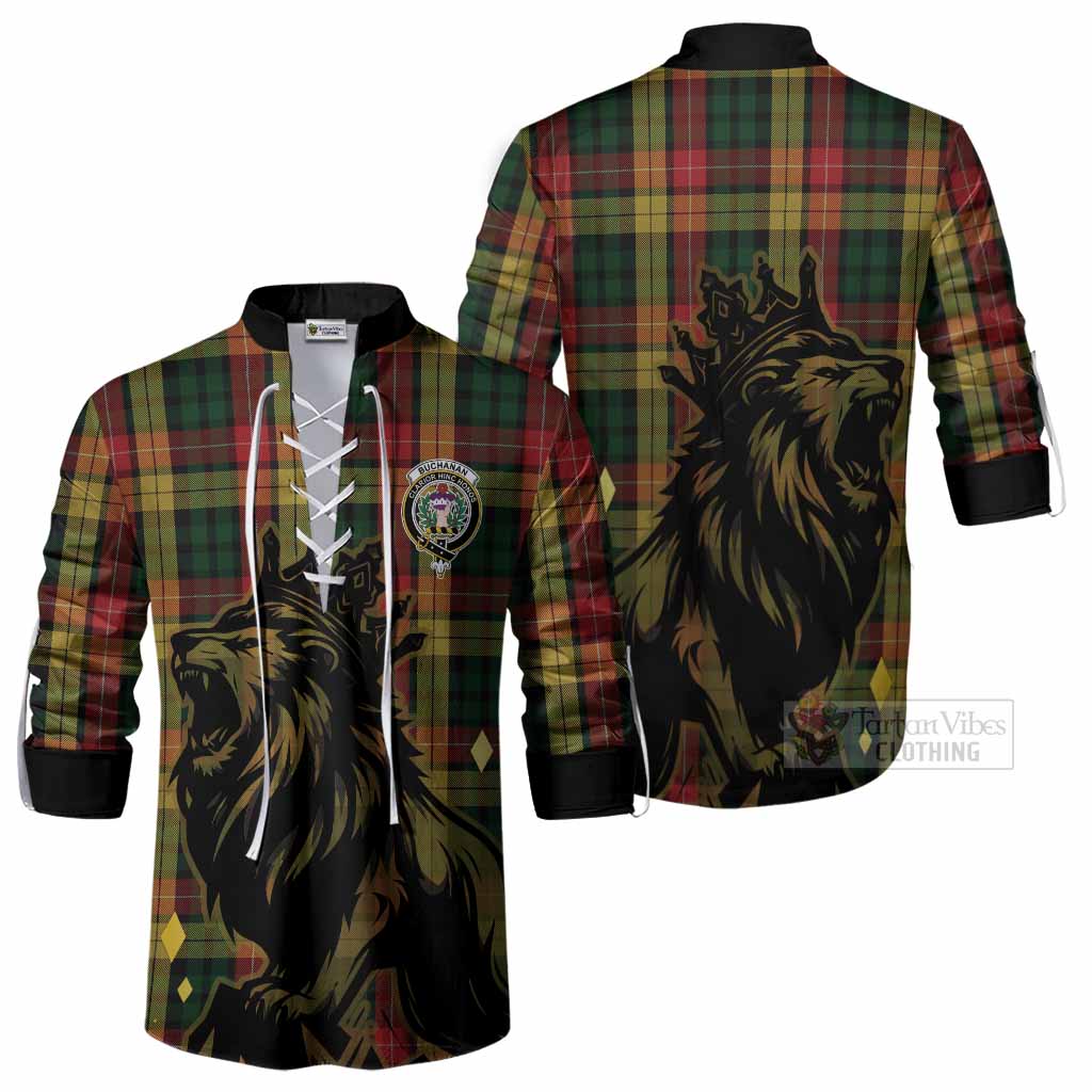 Buchanan Tartan Family Crest Ghillie Shirt Crowned Lion Roaring