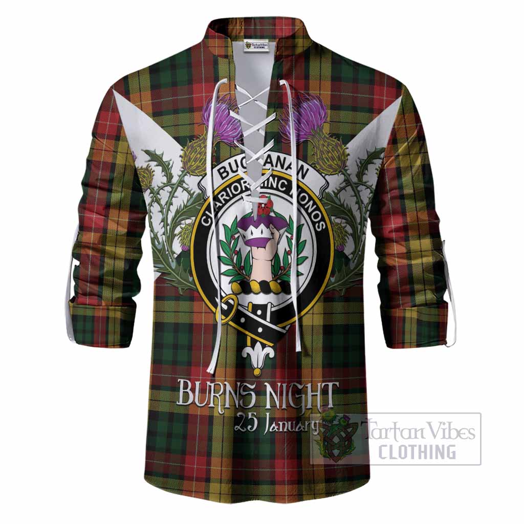 Buchanan Tartan Family Crest Ghillie Shirt Scottish Burns Night Thistle Floral