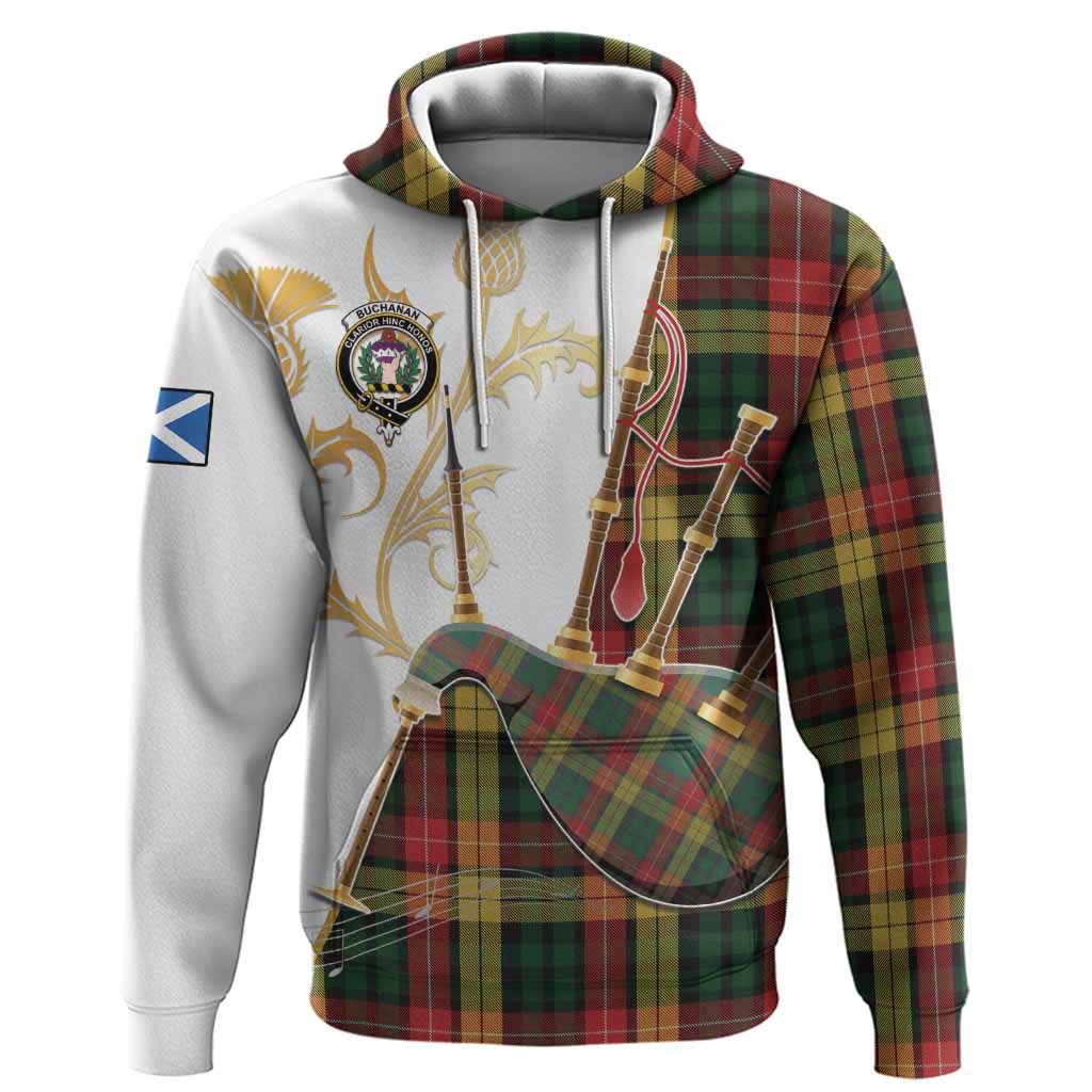 Buchanan Tartan Family Crest Hoodie Bagpipes with Scottish Thistle