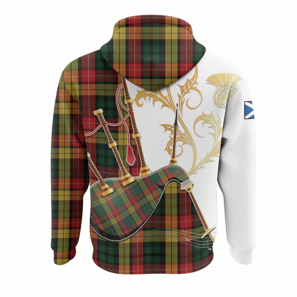 Buchanan Tartan Family Crest Hoodie Bagpipes with Scottish Thistle