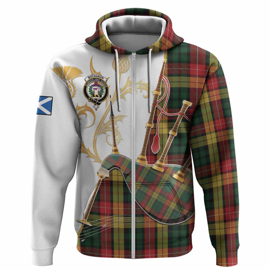 Buchanan Tartan Family Crest Hoodie Bagpipes with Scottish Thistle