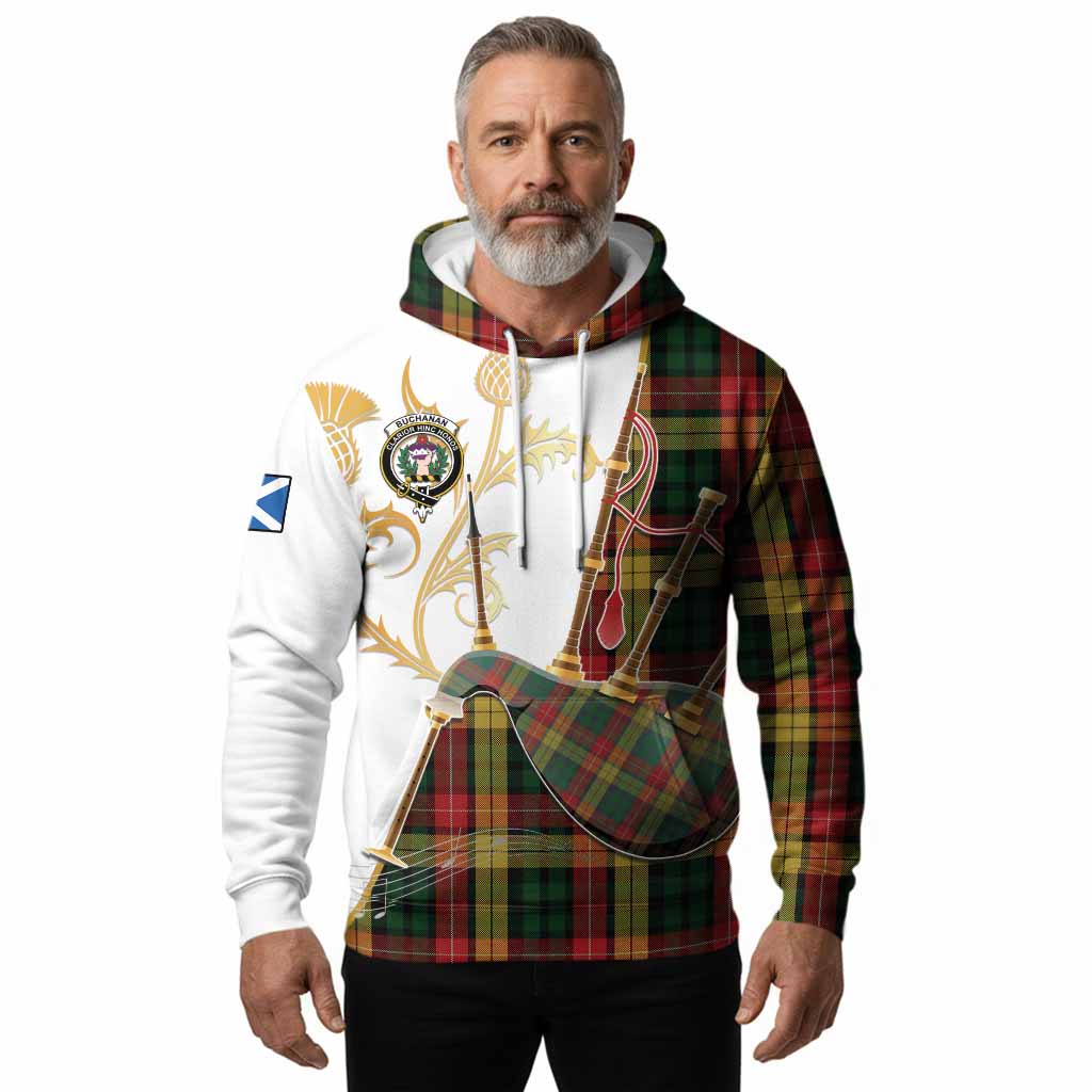 Buchanan Tartan Family Crest Hoodie Bagpipes with Scottish Thistle