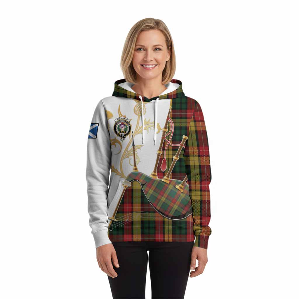 Buchanan Tartan Family Crest Hoodie Bagpipes with Scottish Thistle