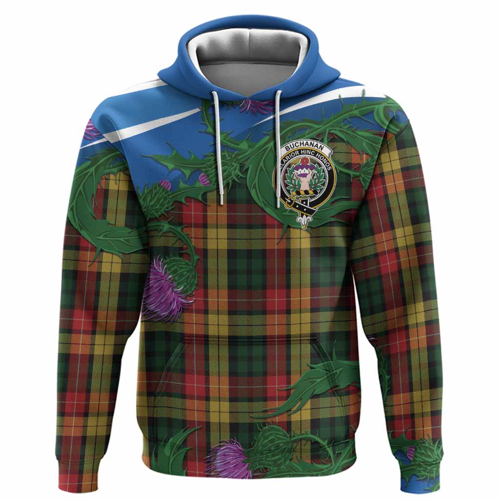Buchanan Tartan Family Crest Hoodie Thistle in Minimalism