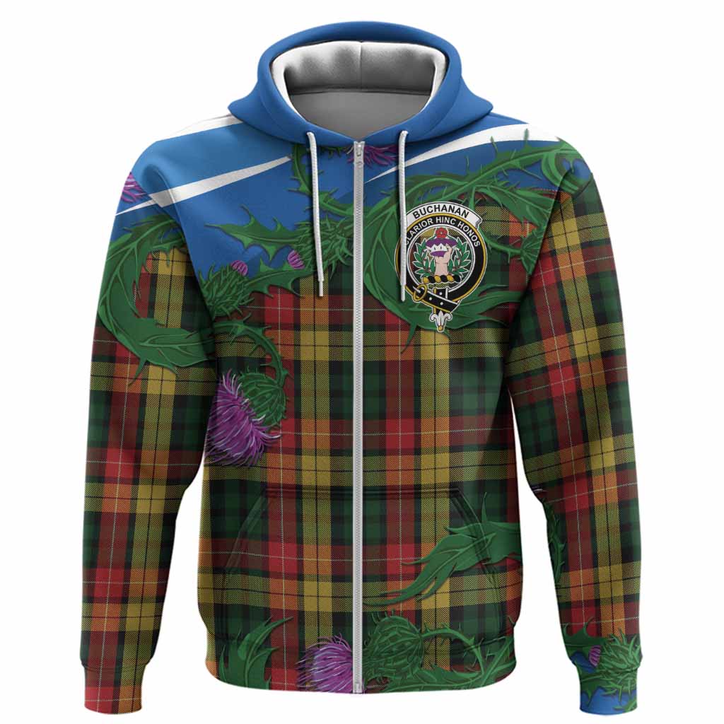 Buchanan Tartan Family Crest Hoodie Thistle in Minimalism