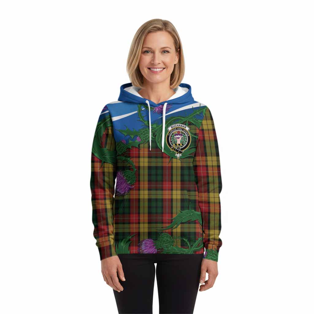 Buchanan Tartan Family Crest Hoodie Thistle in Minimalism