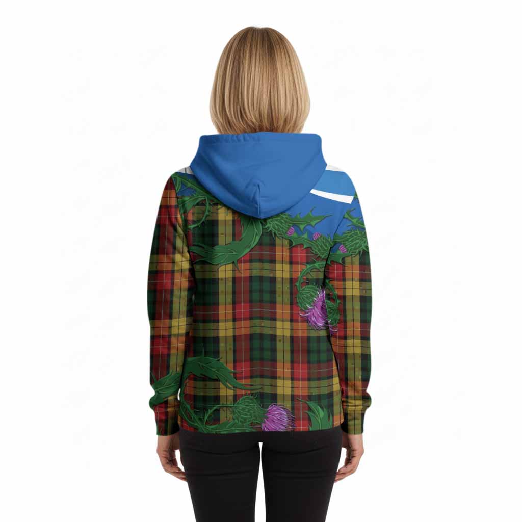 Buchanan Tartan Family Crest Hoodie Thistle in Minimalism