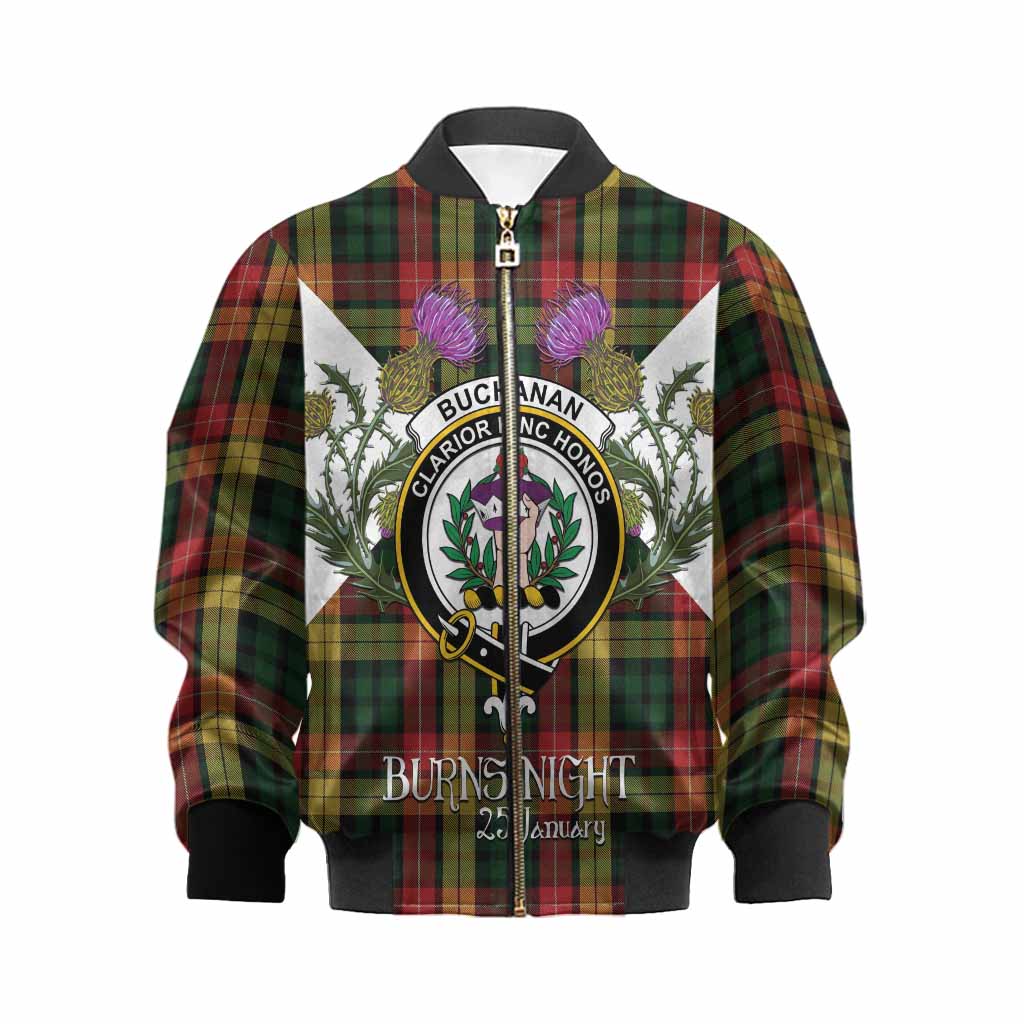 Buchanan Tartan Family Crest Kid Bomber Jacket Scottish Burns Night Thistle Floral