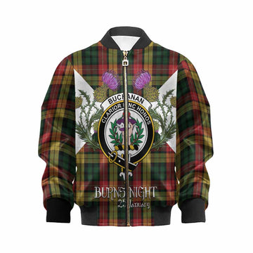Buchanan Tartan Family Crest Kid Bomber Jacket Scottish Burns Night Thistle Floral