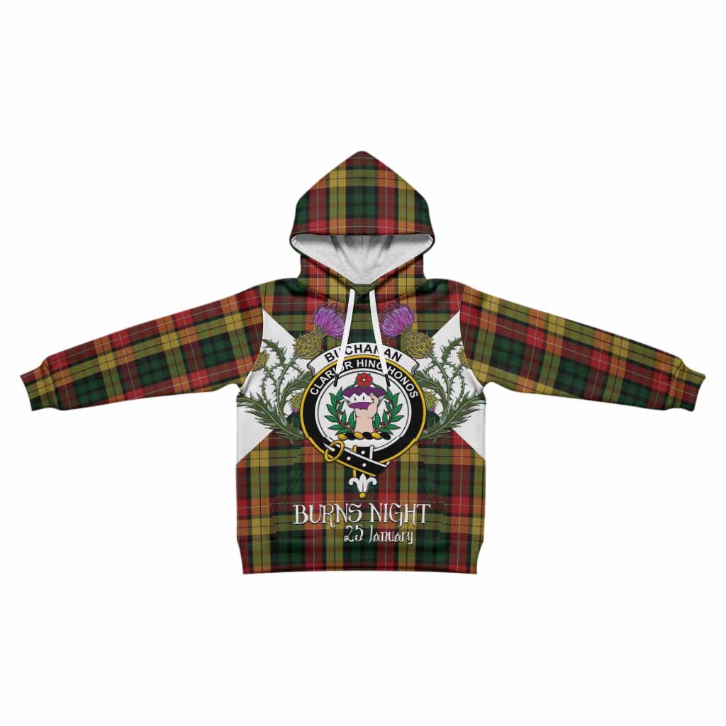 Buchanan Tartan Family Crest Kid Hoodie Scottish Burns Night Thistle Floral