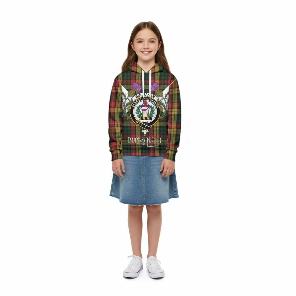 Buchanan Tartan Family Crest Kid Hoodie Scottish Burns Night Thistle Floral