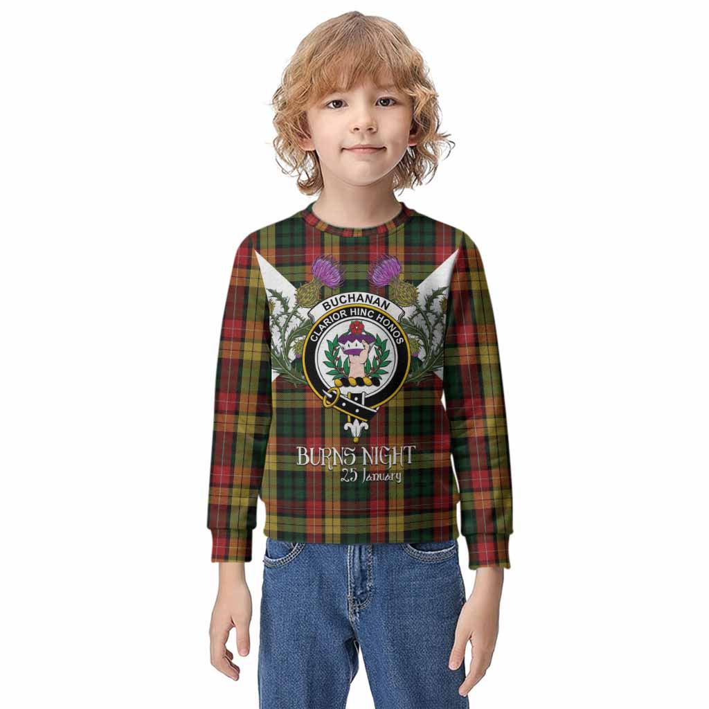 Buchanan Tartan Family Crest Kid Knitted Sweatshirt Scottish Burns Night Thistle Floral