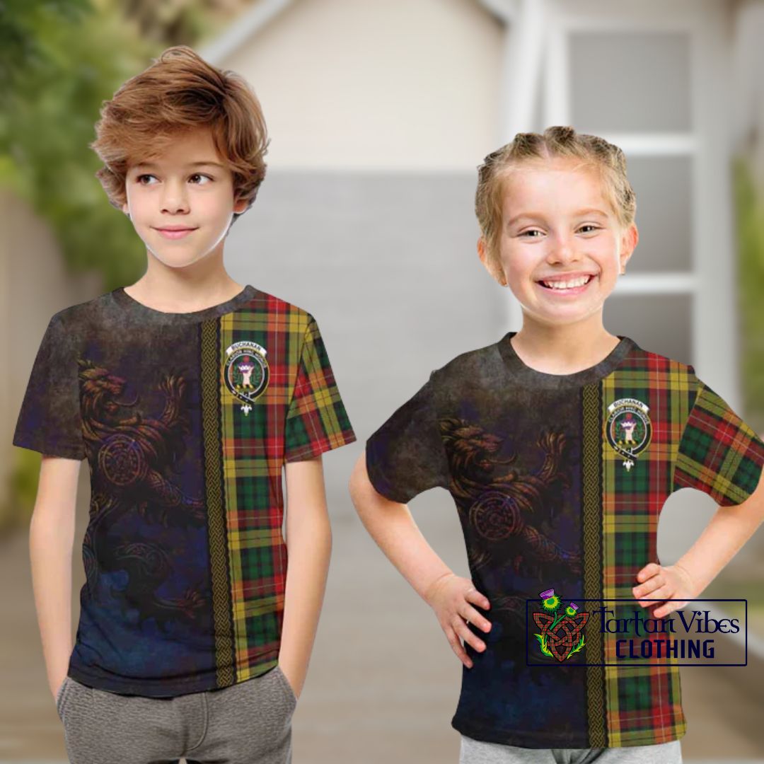 Buchanan Tartan Family Crest Kid T-Shirt Alba Gu Brath Be Brave Lion Ancient Style