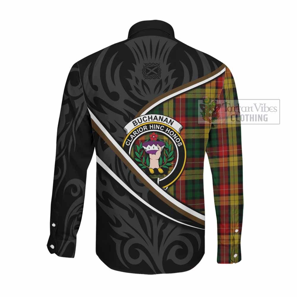 Buchanan Tartan Family Crest Long Sleeve Button Shirts Celtic Scottish Thistle Floral - Tartan Vibes Clothing