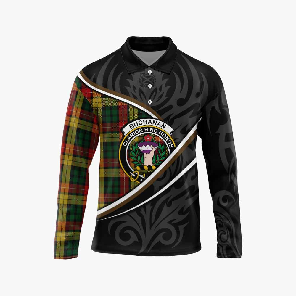 Buchanan Tartan Family Crest Long Sleeve Polo Shirt Celtic Scottish Thistle Floral - Tartan Vibes Clothing