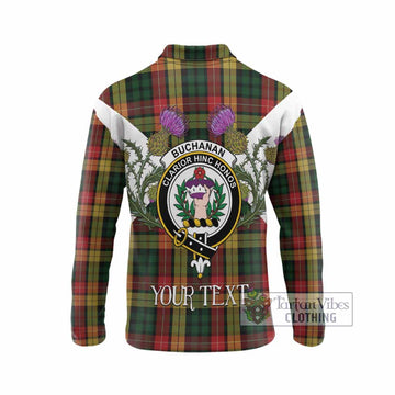 Buchanan Tartan Family Crest Long Sleeve Polo Shirt Scottish Burns Night Thistle Floral