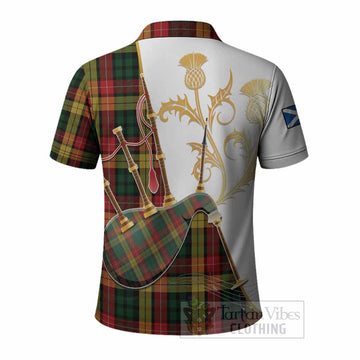 Buchanan Tartan Family Crest Polo Shirt Bagpipes with Scottish Thistle