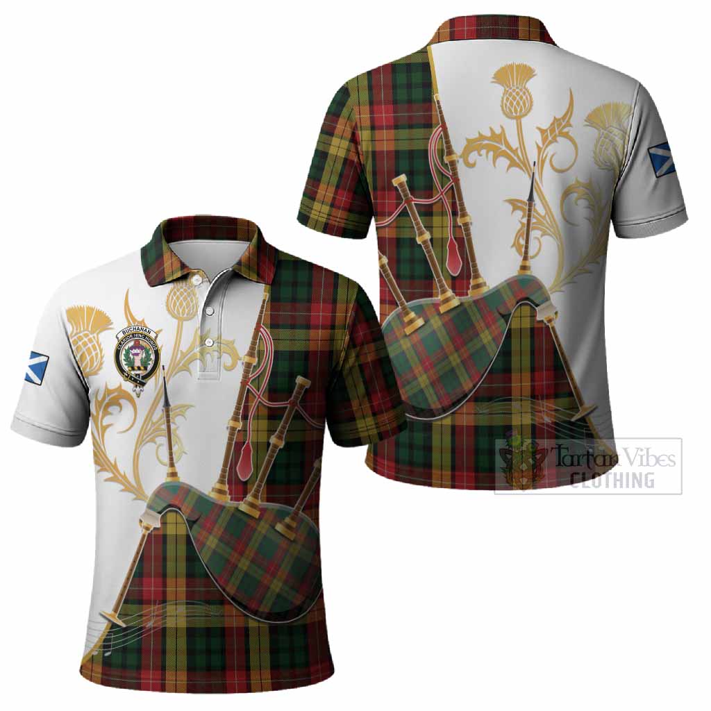 Buchanan Tartan Family Crest Polo Shirt Bagpipes with Scottish Thistle