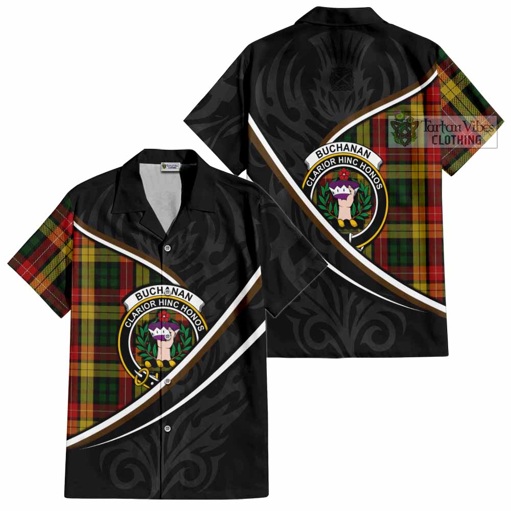 Buchanan Tartan Family Crest Short Sleeve Button Shirt Celtic Scottish Thistle Floral - Tartan Vibes Clothing