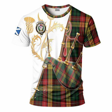 Buchanan Tartan Family Crest T-Shirt Bagpipes with Scottish Thistle