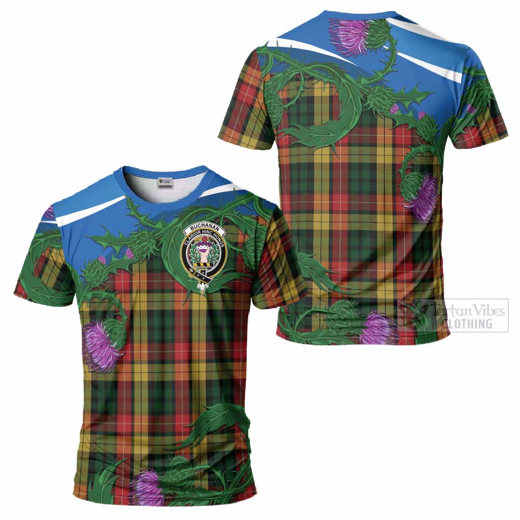 Buchanan Tartan Family Crest T-Shirt Thistle in Minimalism