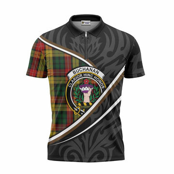 Buchanan Tartan Family Crest Zipper Polo Shirt Celtic Scottish Thistle Floral