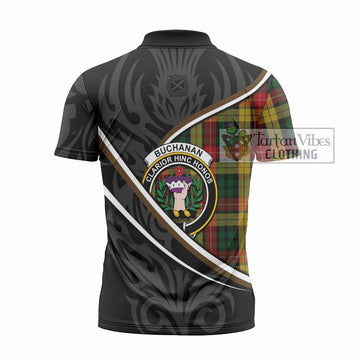 Buchanan Tartan Family Crest Zipper Polo Shirt Celtic Scottish Thistle Floral