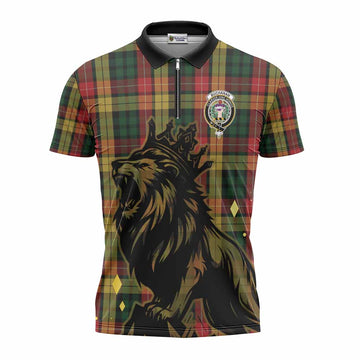 Buchanan Tartan Family Crest Zipper Polo Shirt Crowned Lion Roaring