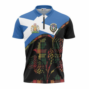Buchanan Tartan Family Crest Zipper Polo Shirt Scotland Thistle Floral Flag Style
