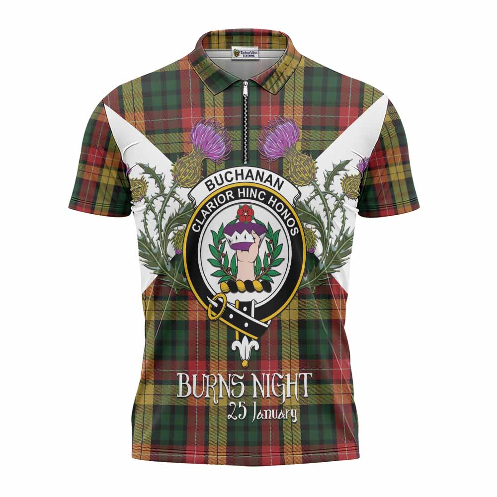 Buchanan Tartan Family Crest Zipper Polo Shirt Scottish Burns Night Thistle Floral