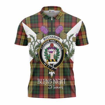 Buchanan Tartan Family Crest Zipper Polo Shirt Scottish Burns Night Thistle Floral