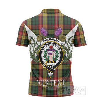 Buchanan Tartan Family Crest Zipper Polo Shirt Scottish Burns Night Thistle Floral