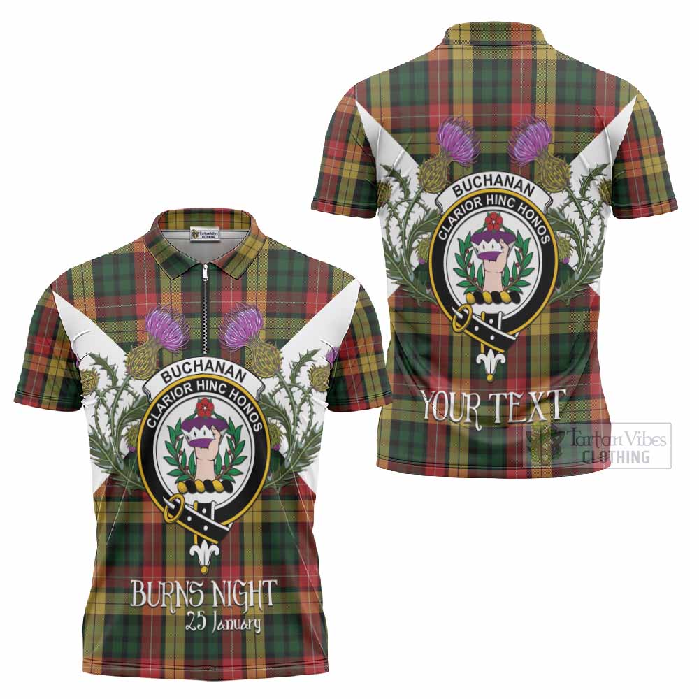 Buchanan Tartan Family Crest Zipper Polo Shirt Scottish Burns Night Thistle Floral