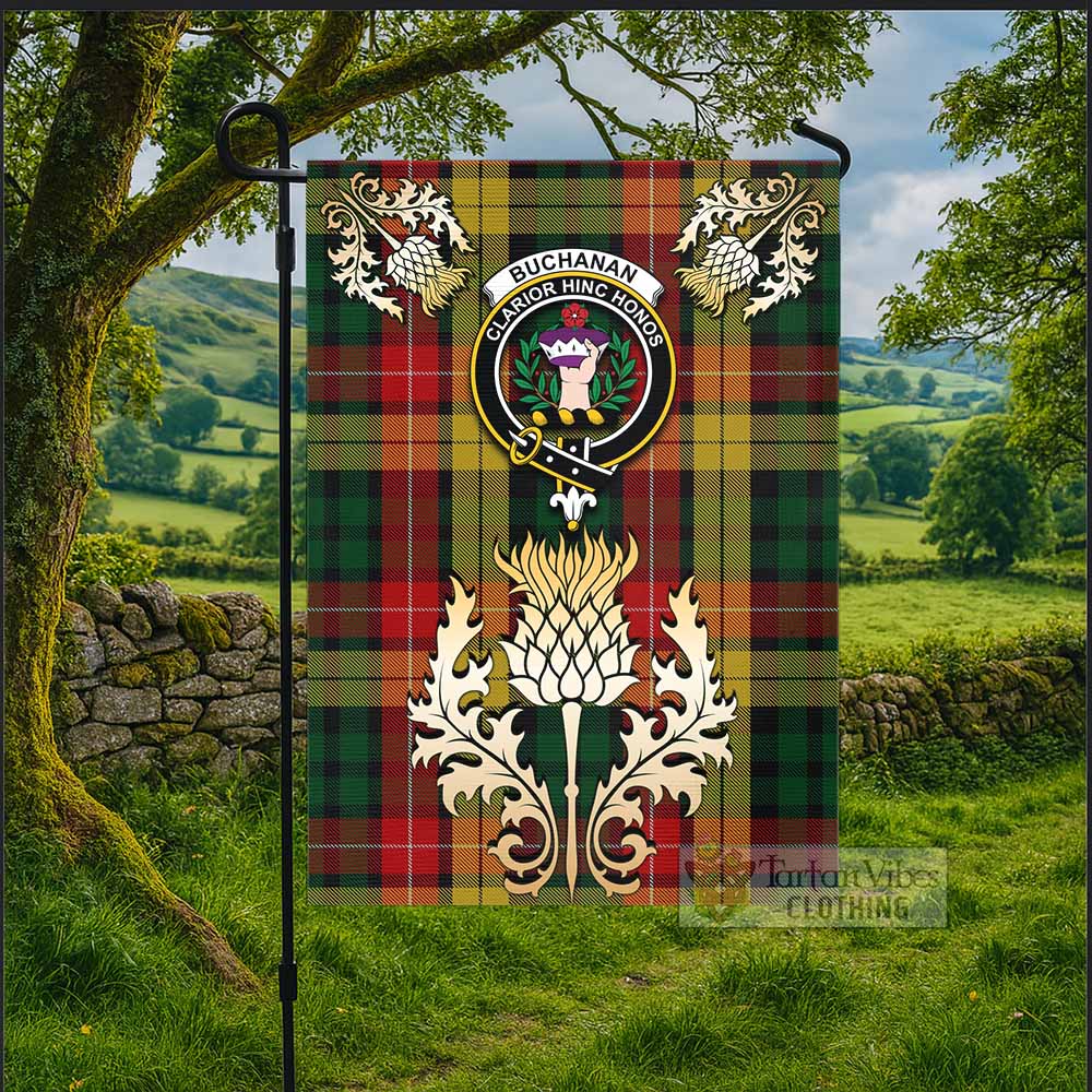 Buchanan Tartan Garden Flag with Golden Regal Scottish Thistle Emblem - Tartan Vibes Clothing