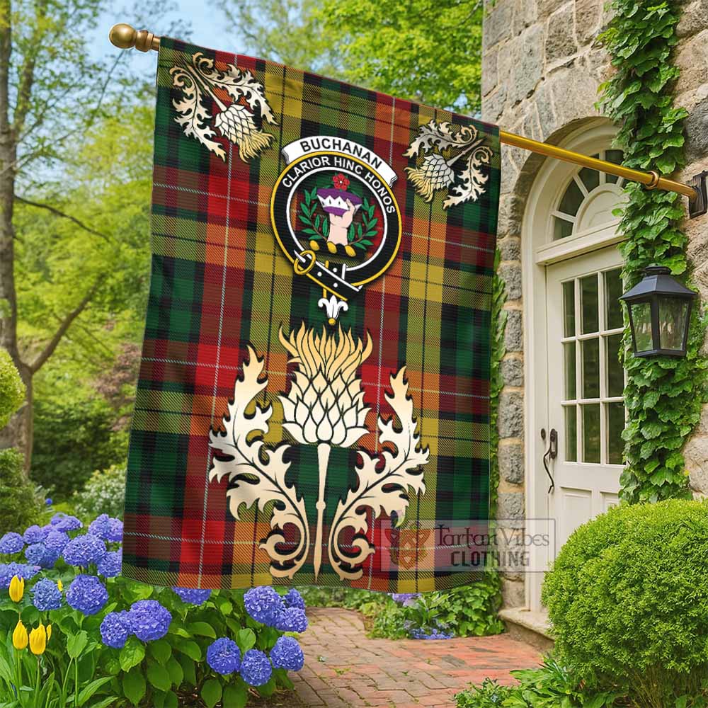 Buchanan Tartan Garden Flag with Golden Regal Scottish Thistle Emblem - Tartan Vibes Clothing
