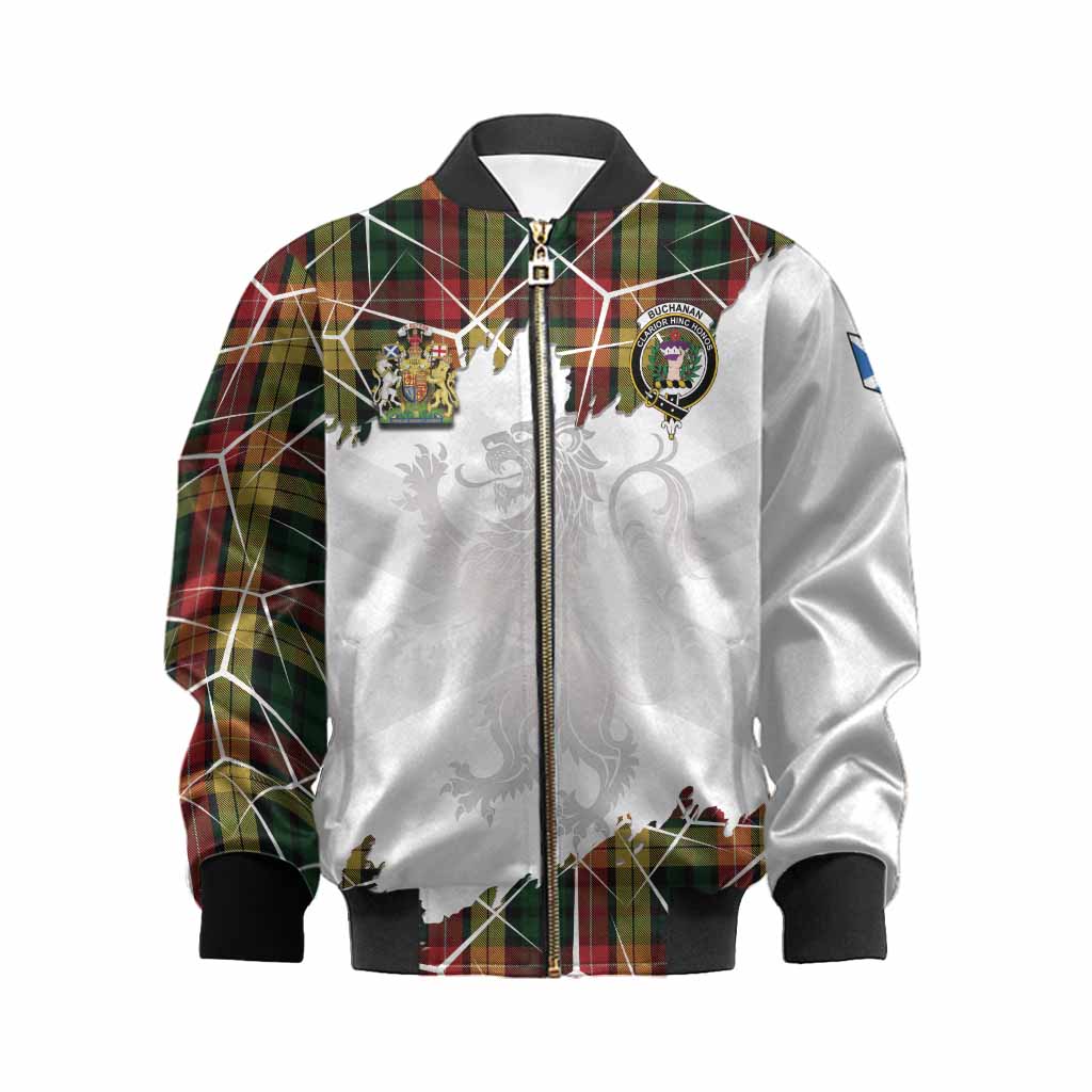 Buchanan Tartan Kid Bomber Jacket with Family Crest and Lion Rampant Grunge Style