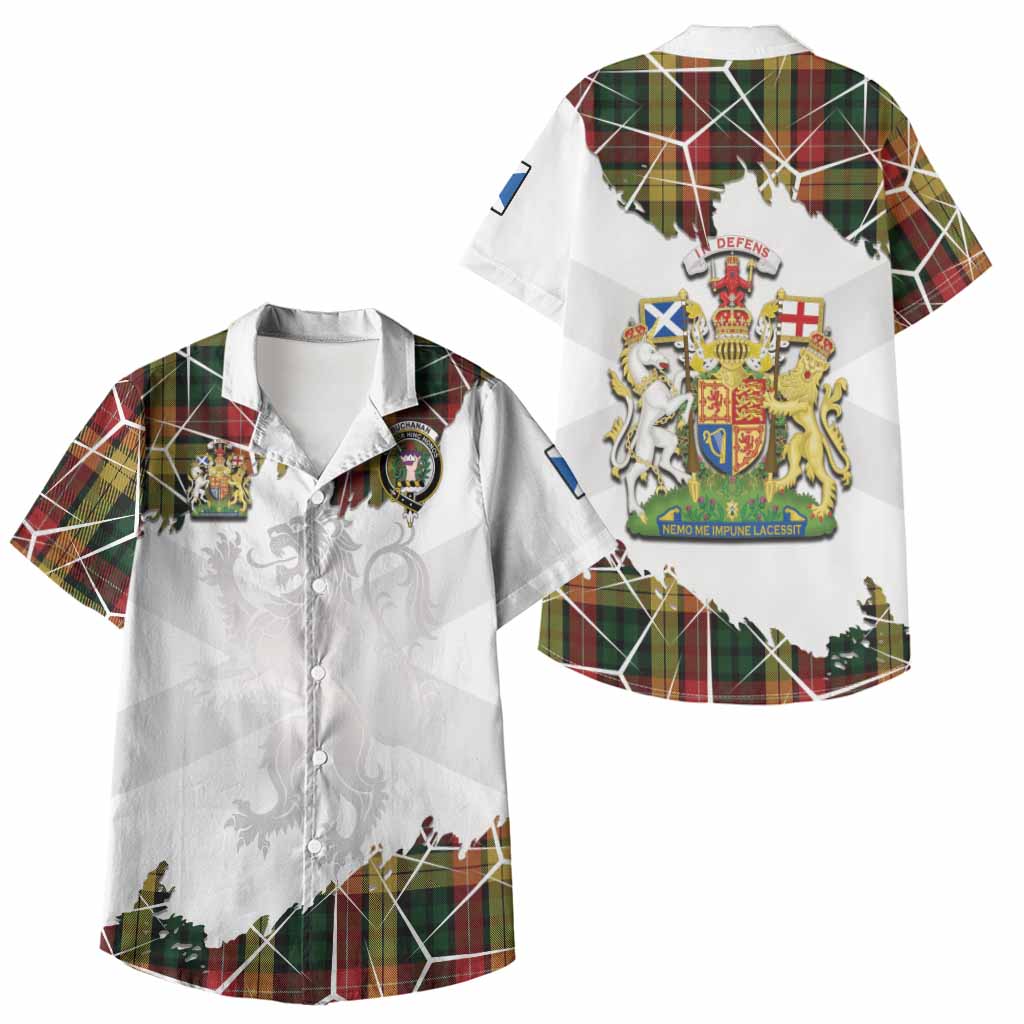 Buchanan Tartan Kid Hawaiian Shirt with Family Crest and Lion Rampant Grunge Style