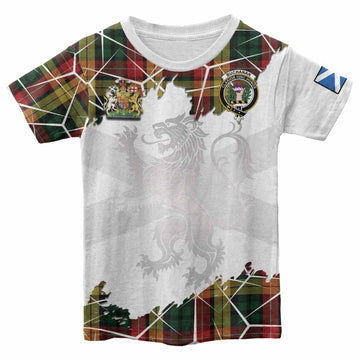 Buchanan Tartan Kid T-shirt with Family Crest and Lion Rampant Grunge Style