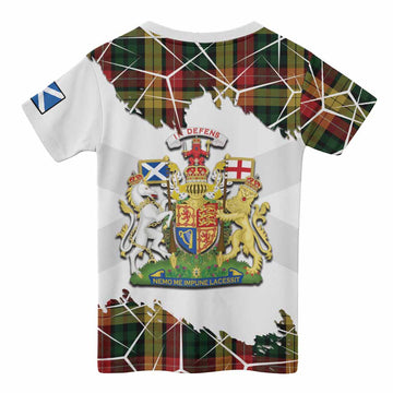 Buchanan Tartan Kid T-shirt with Family Crest and Lion Rampant Grunge Style