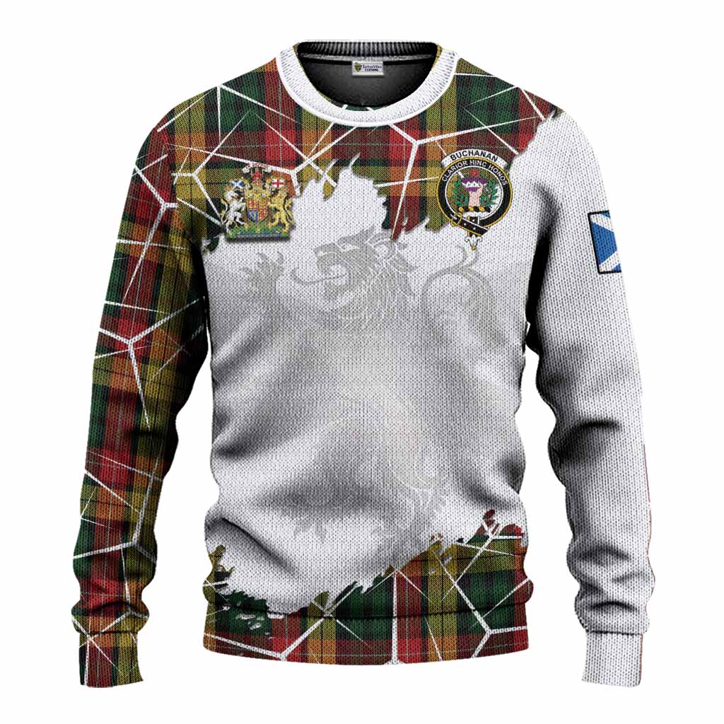 Buchanan Tartan Knitted Sweater with Family Crest and Lion Rampant Grunge Style