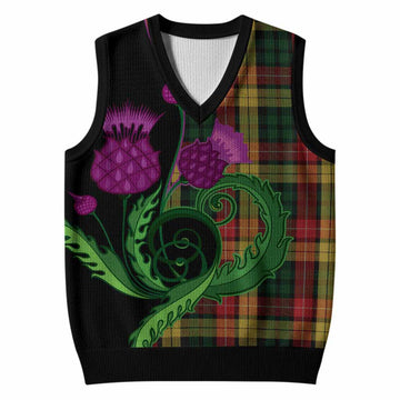 Buchanan Tartan Knitted V-Neck Vest Traditional Scottish Thistle