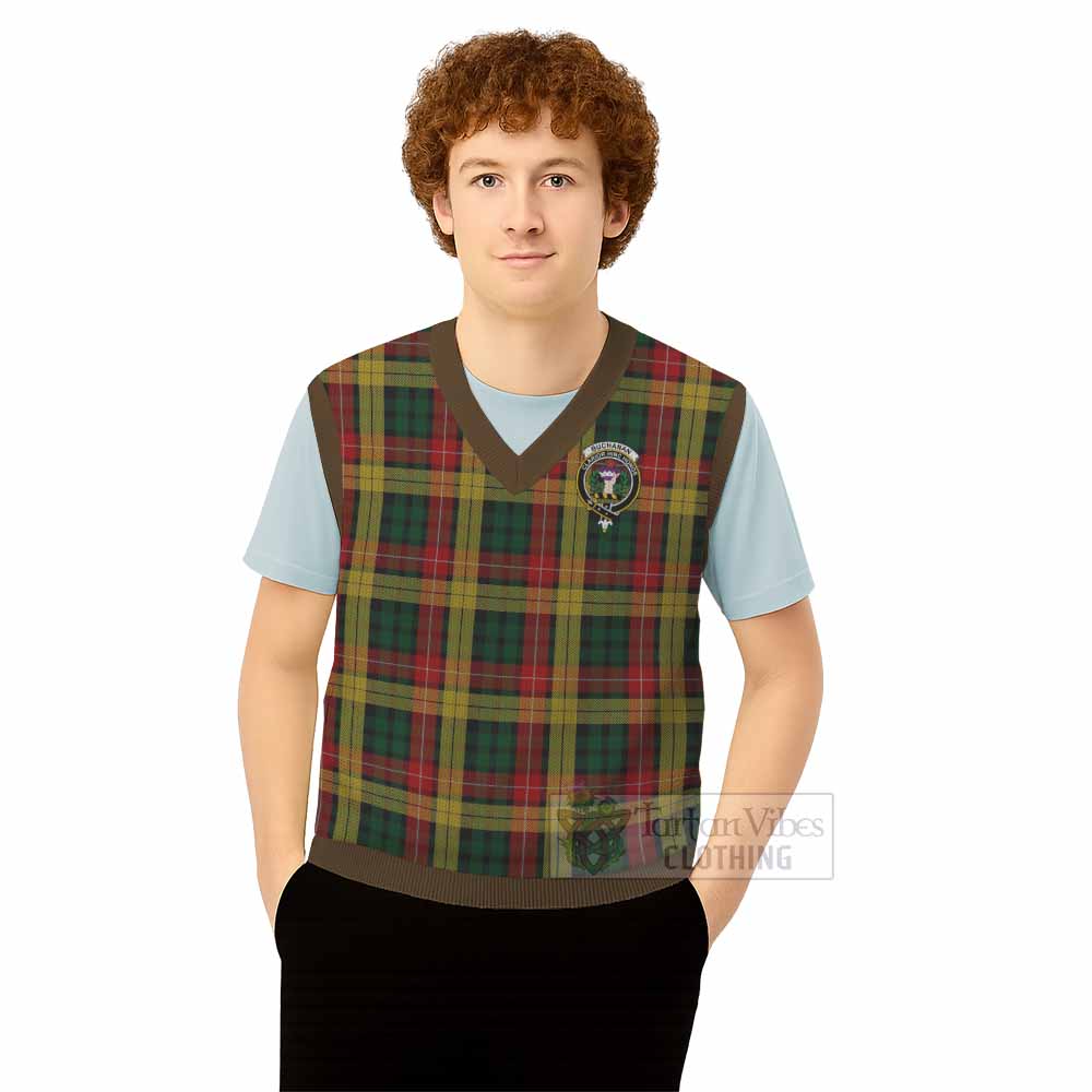 Buchanan Tartan Knitted V-Neck Vest with Family Crest - Tartan Vibes Clothing