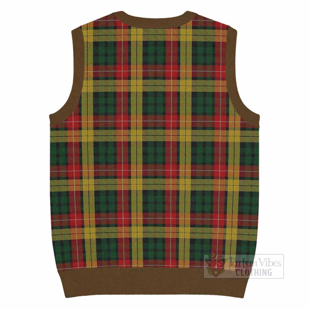 Buchanan Tartan Knitted V-Neck Vest with Family Crest - Tartan Vibes Clothing