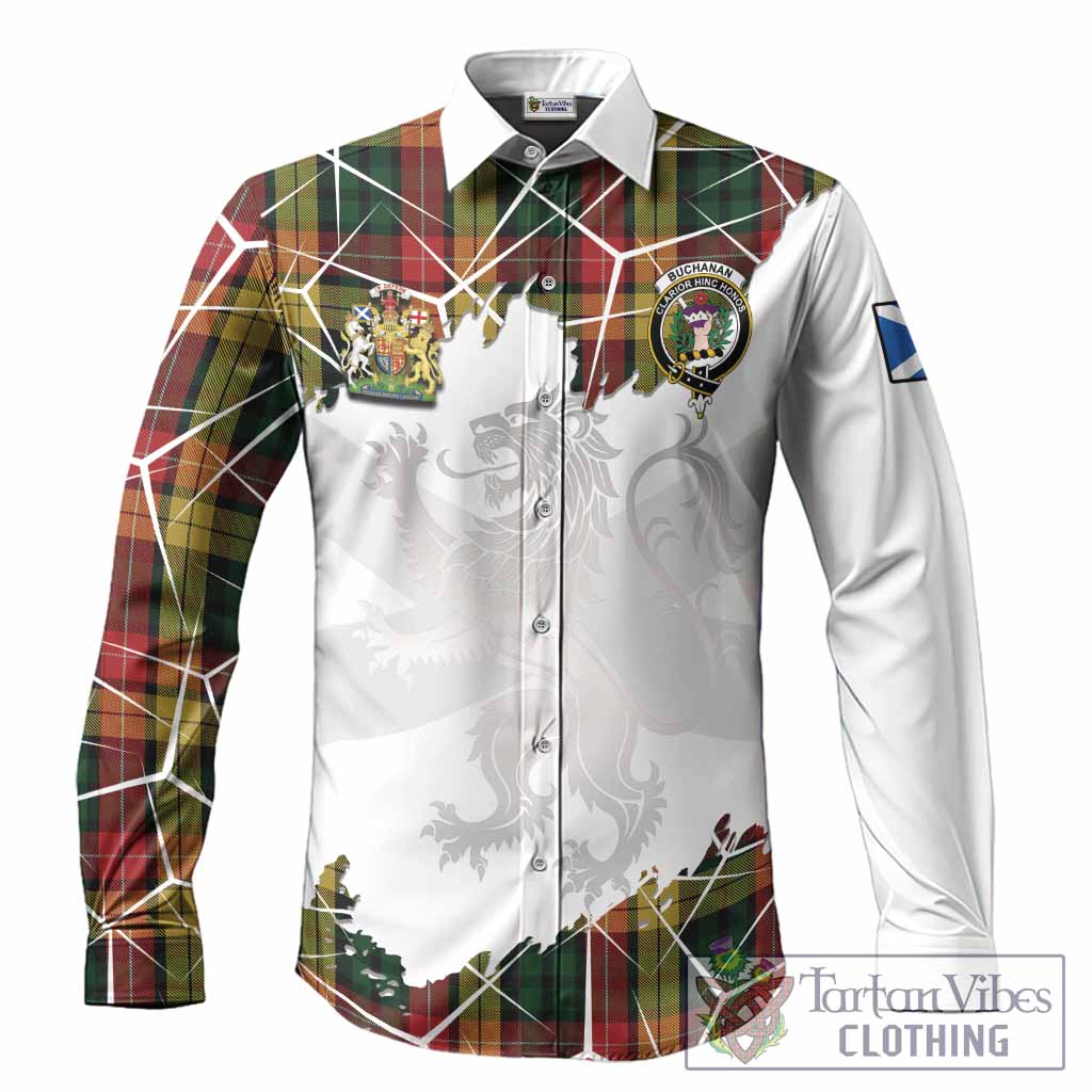 Buchanan Tartan Long Sleeve Button Shirts with Family Crest and Lion Rampant Grunge Style