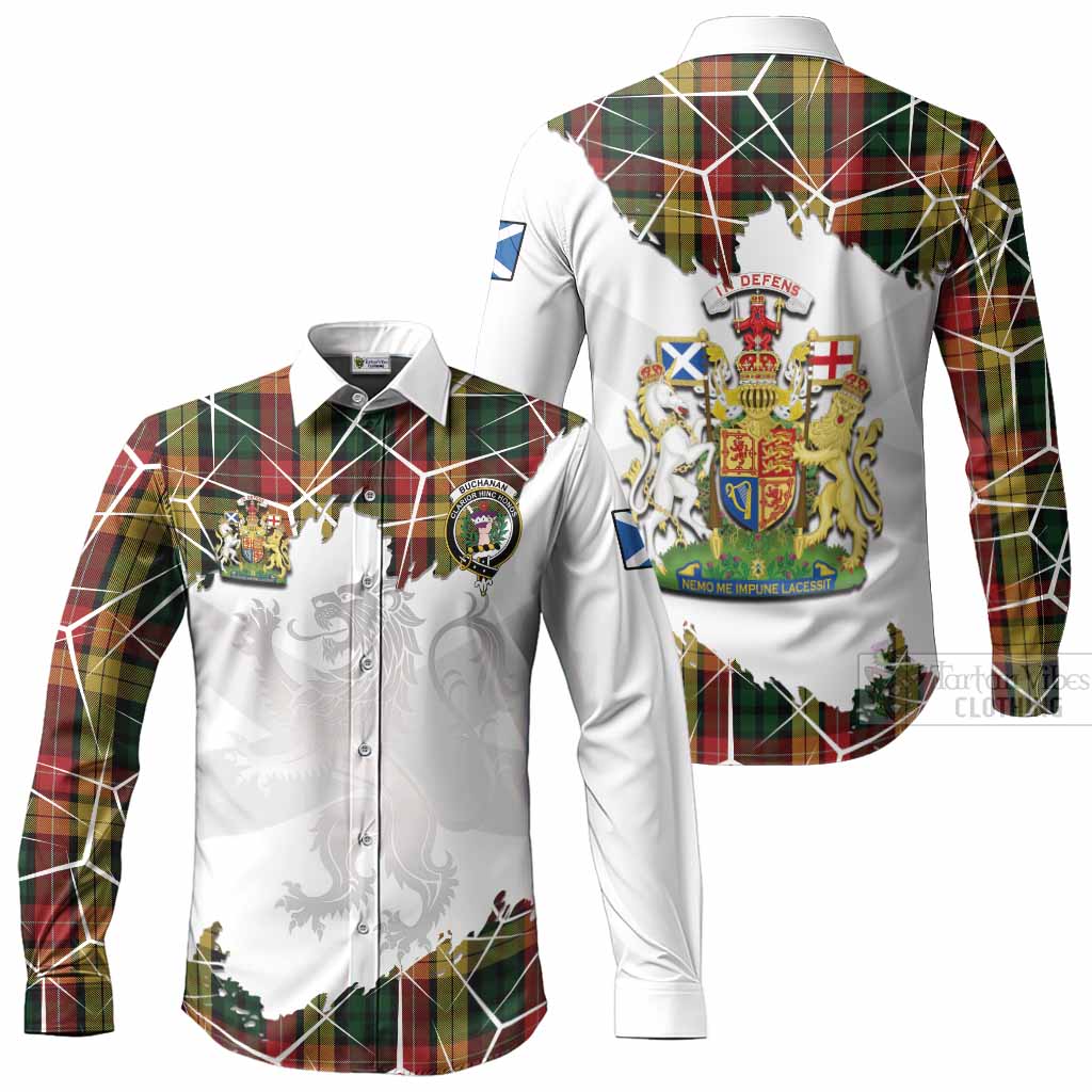 Buchanan Tartan Long Sleeve Button Shirts with Family Crest and Lion Rampant Grunge Style
